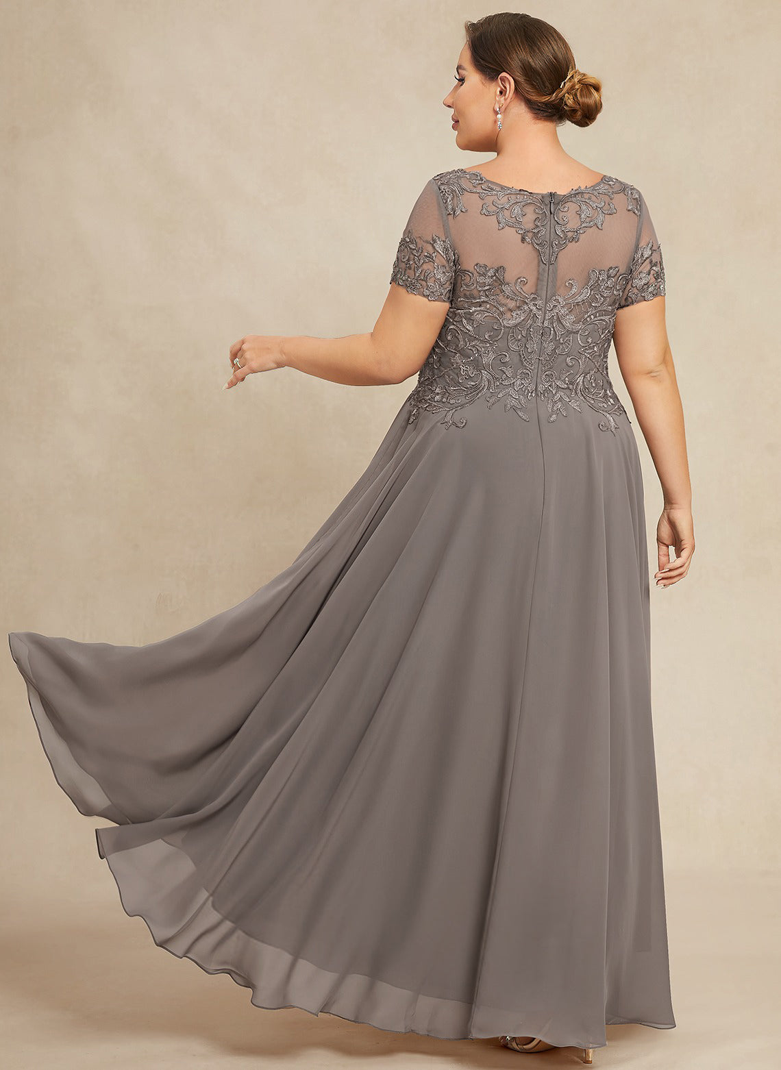 A-line Scoop Illusion Asymmetrical Chiffon Lace Mother of the Bride Dress With Sequins Beading