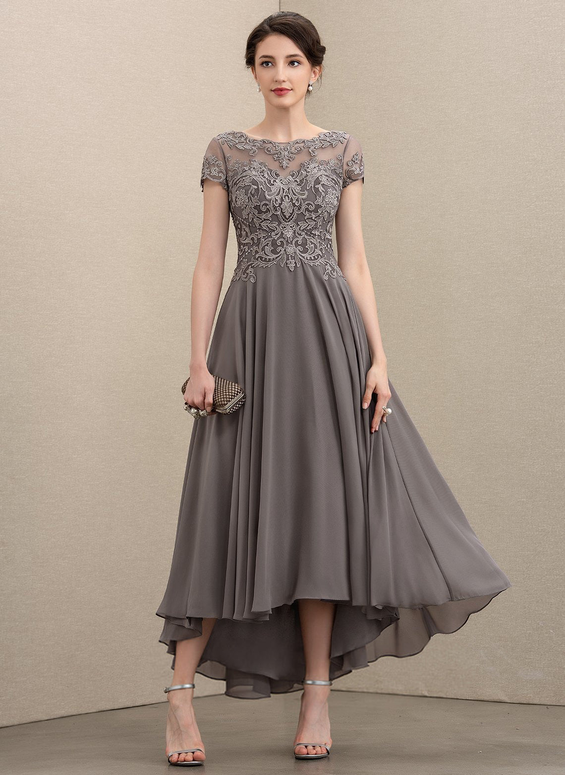 A-line Scoop Illusion Asymmetrical Chiffon Lace Mother of the Bride Dress With Sequins Beading
