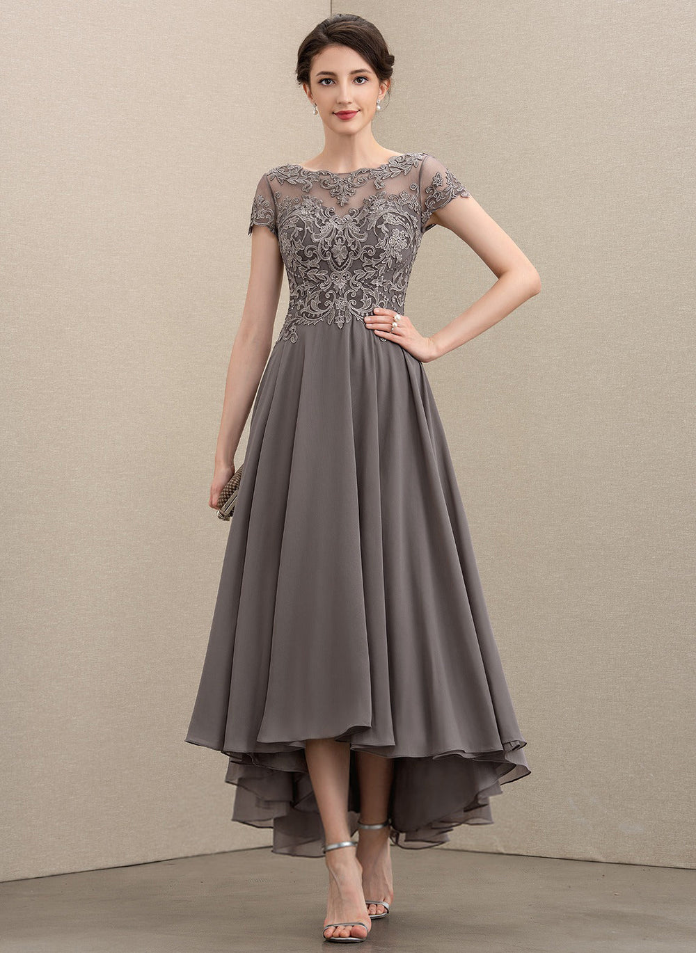 A-line Scoop Illusion Asymmetrical Chiffon Lace Mother of the Bride Dress With Sequins Beading