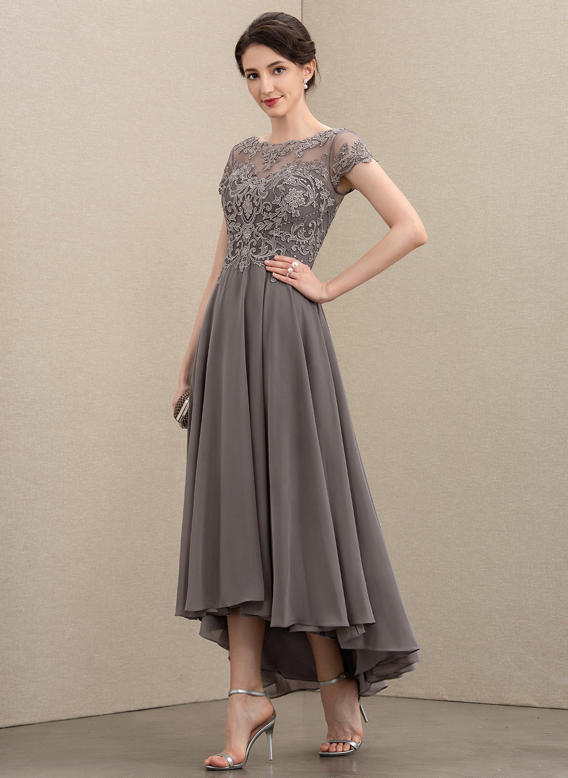 A-line Scoop Illusion Asymmetrical Chiffon Lace Mother of the Bride Dress With Sequins Beading