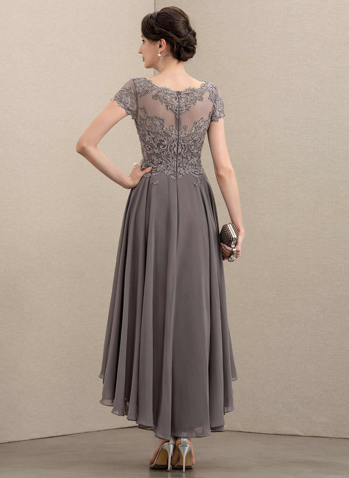 A-line Scoop Illusion Asymmetrical Chiffon Lace Mother of the Bride Dress With Sequins Beading