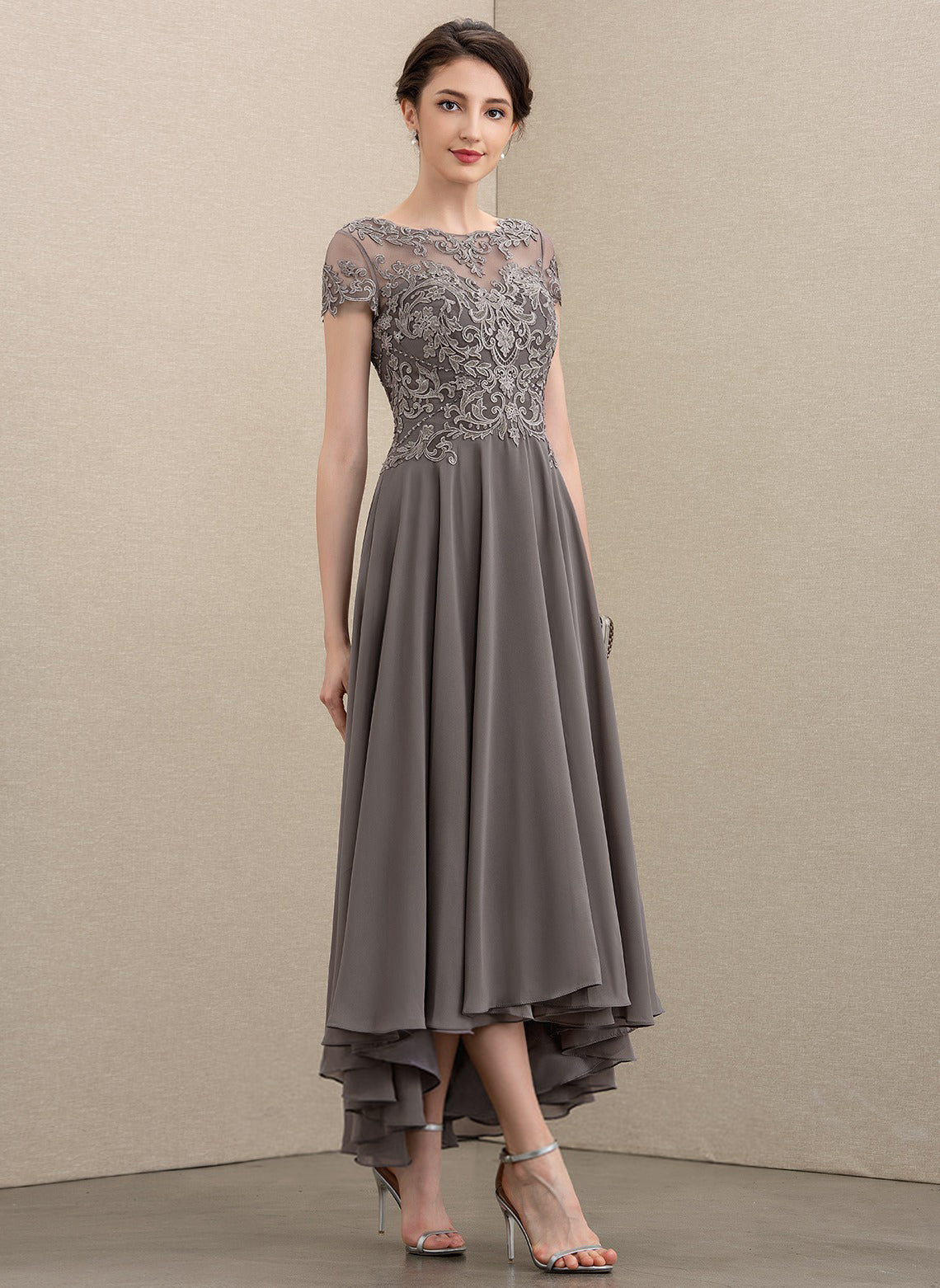 A-line Scoop Illusion Asymmetrical Chiffon Lace Mother of the Bride Dress With Sequins Beading