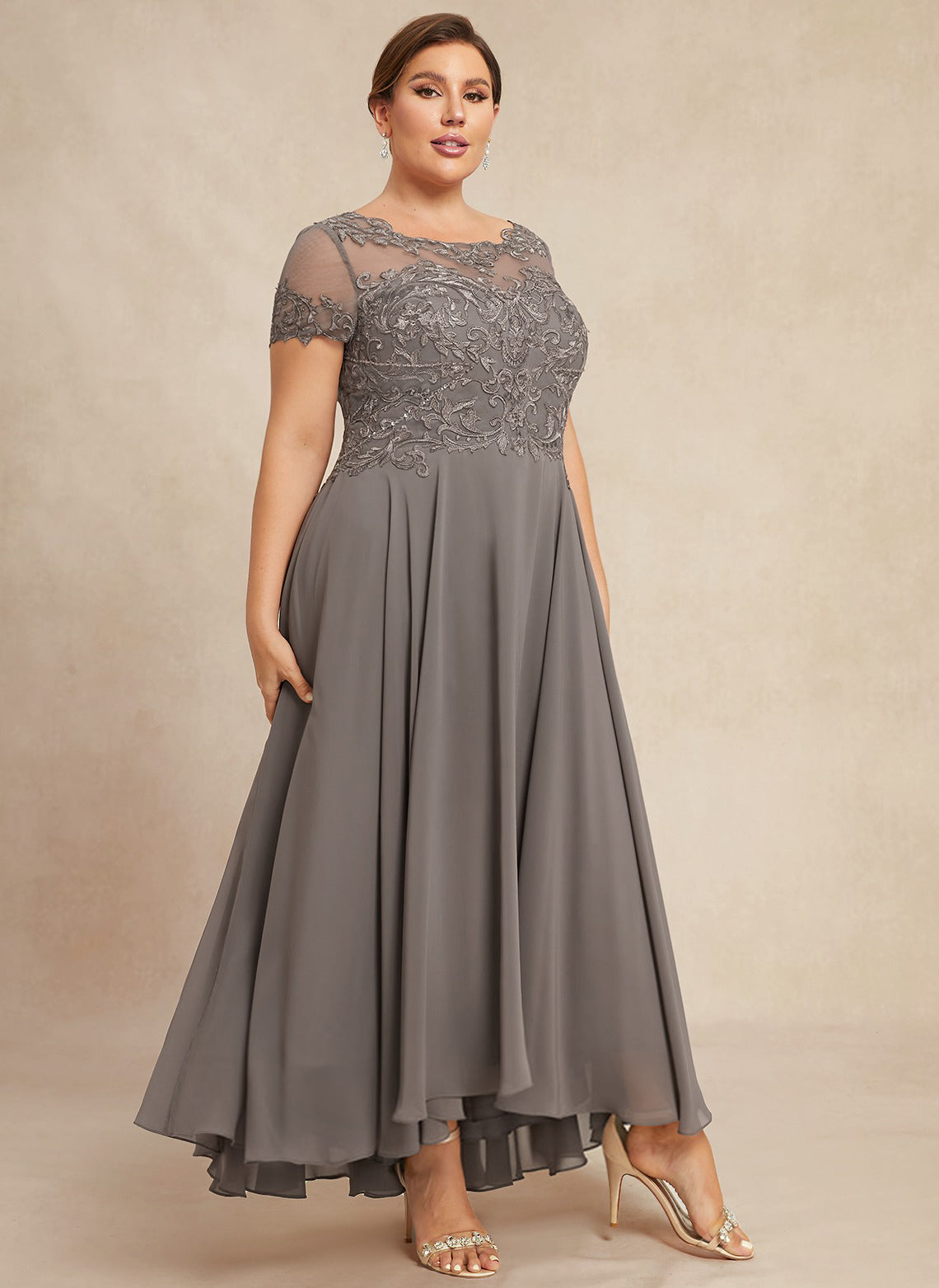 A-line Scoop Illusion Asymmetrical Chiffon Lace Mother of the Bride Dress With Sequins Beading