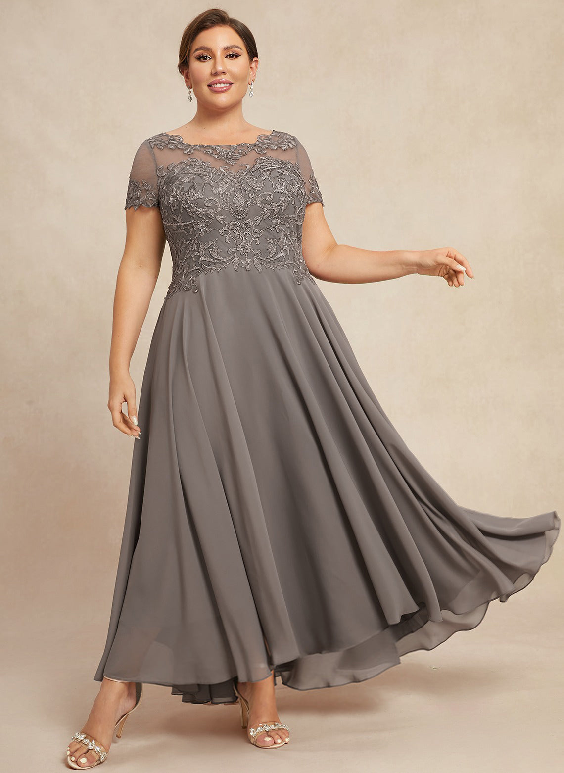 A-line Scoop Illusion Asymmetrical Chiffon Lace Mother of the Bride Dress With Sequins Beading