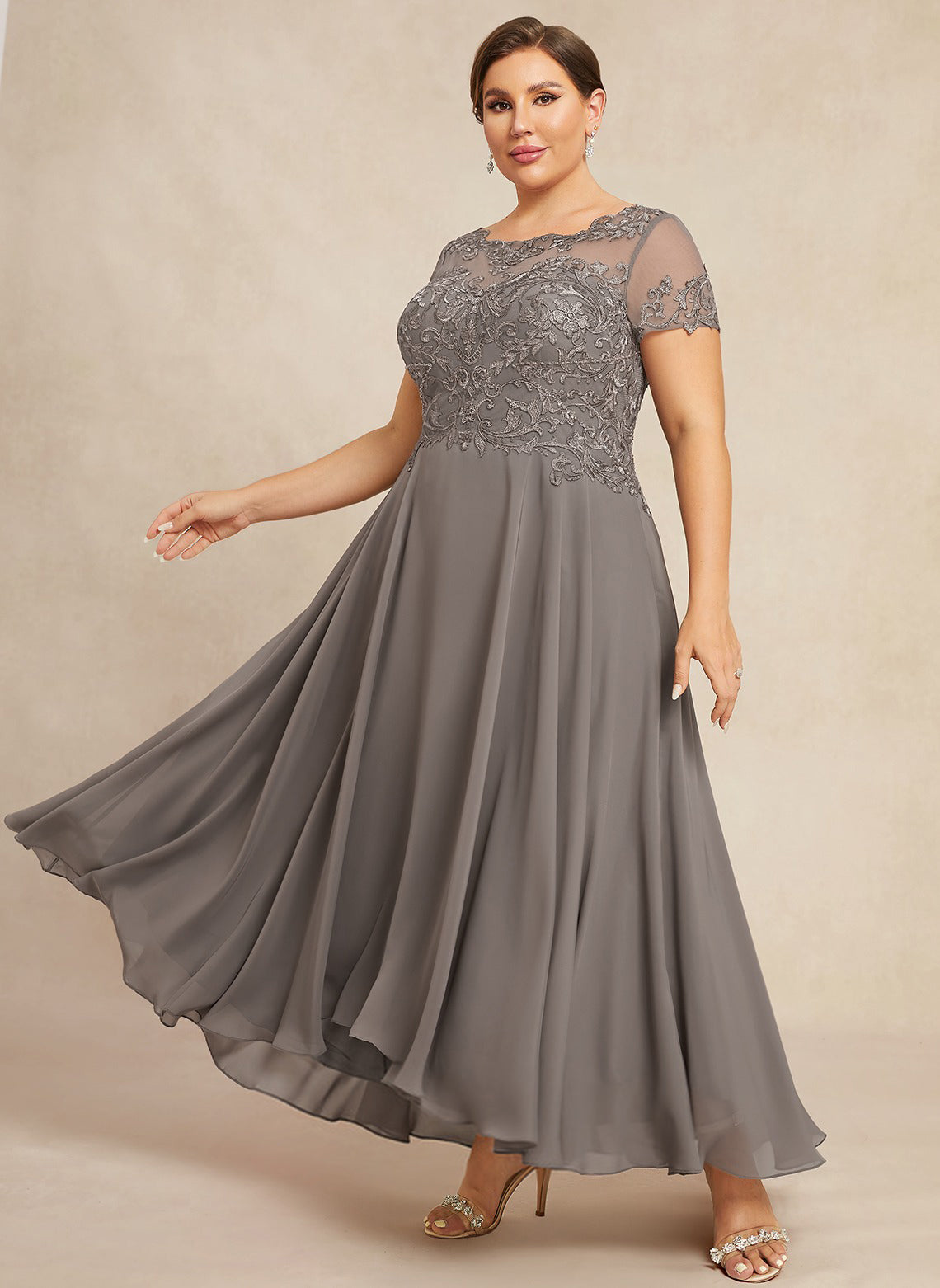 A-line Scoop Illusion Asymmetrical Chiffon Lace Mother of the Bride Dress With Sequins Beading