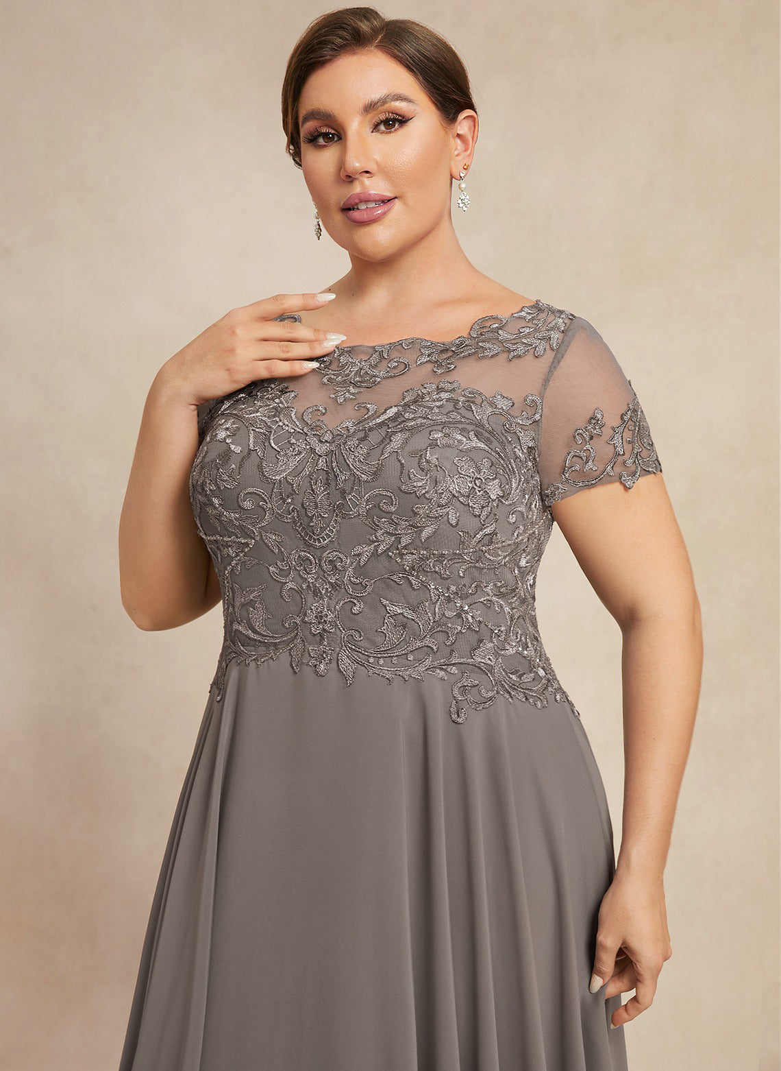 A-line Scoop Illusion Asymmetrical Chiffon Lace Mother of the Bride Dress With Sequins Beading